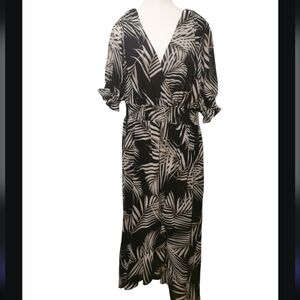 NWT Lily Morgan Chic Palm Print Black And White V Neck High Low Lined Dress 2X